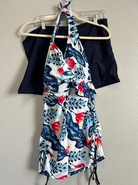 Floral Halter Swim Dress with Navy Bottoms 2XL